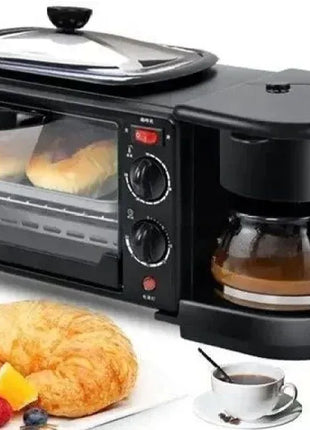3-in-1 Breakfast Station with Mini Oven, Coffee Maker and Top Griddle, Black Stainless Steel