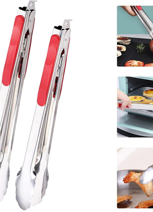Grill Tongs Stainless Steel 30/35 cm – Heat-Resistant ABS Handle – Lockable Red Grip
