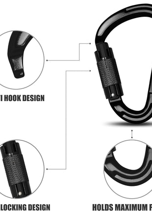Aluminium Alloy Carabiner 25kN – 3-Way Auto Locking Gate – Matte Black – CE0321 EN362 – Industrial Use