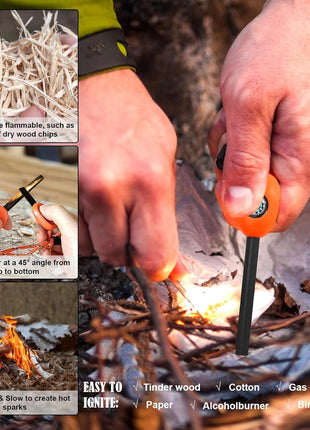 5-in-1 Fire Starter Ferro Rod 11 cm – Magnesium Flint Tool with Compass, Whistle, Scraper – Orange Survival Kit