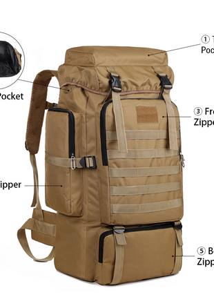 80L Tactical Hiking Backpack – Waterproof 600D Oxford – Khaki