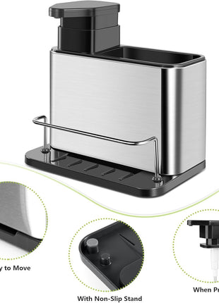 Stainless Steel Soap Dispenser and Sponge Holder – 2-in-1 Sink Organizer with Pump, Drainage Tray & Non-Slip Base – Silver
