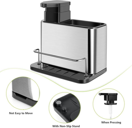 Stainless Steel Soap Dispenser and Sponge Holder – 2-in-1 Sink Organizer with Pump, Drainage Tray & Non-Slip Base – Silver
