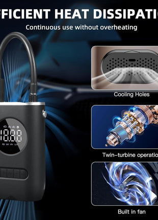 Cordless Mini Air Compressor 150 PSI – 4000mAh Rechargeable Tyre Inflator with LED Light, USB-C – Digital Pump for Car, Bike, Ball
