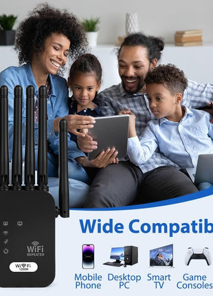 WiFi Extender Repeater 1200Mbps Dual Band – 6 Antennas Signal Booster with 2 LAN Ports – Covers up to 10000 Sq.Ft Black