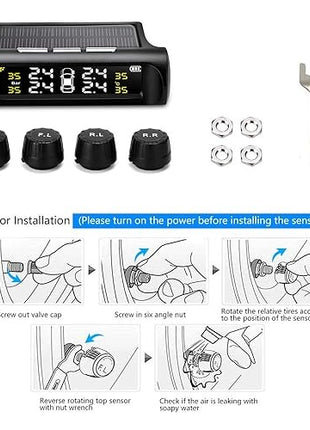 Wireless Tire Pressure Monitoring System 4-Sensor – Solar & USB Charging – 0.5–6.0 Bar – LCD Display – IP67 Sensors – Auto Sleep/Wake