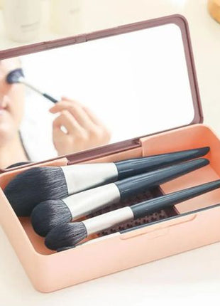 Makeup Brush Storage Box 21.7cm with Mirror and Cleaning Pad – Pink ABS 2-in-1 Cosmetic Organizer