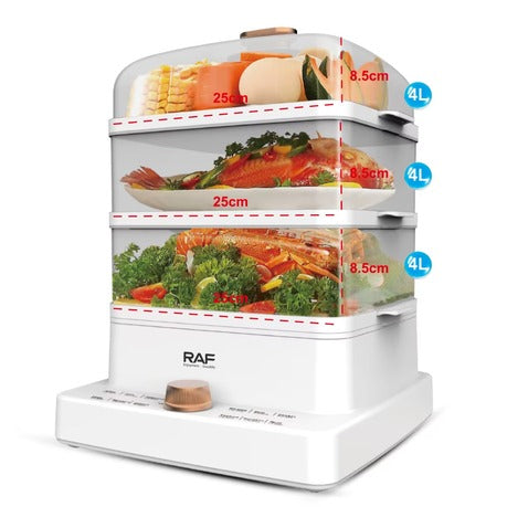 3-Tier Electric Food Steamer, 12L Capacity, 1000-1200W, 1300mL Water Tank, Transparent Polycarbonate Baskets, White & Rose Gold Countertop Cooker