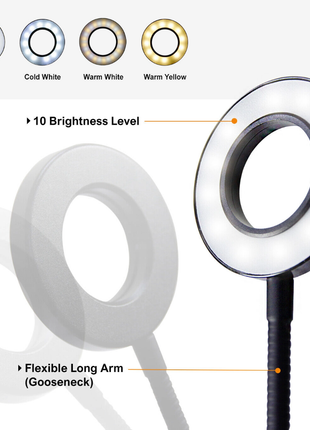 LED Ring Light 9cm – 3 Brightness Modes + Desk Clamp – USB Powered Flexible Gooseneck – Black