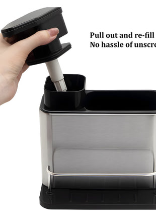 Stainless Steel Soap Dispenser and Sponge Holder – 2-in-1 Sink Organizer with Pump, Drainage Tray & Non-Slip Base – Silver