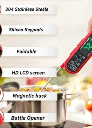 Digital Meat Thermometer with Foldable Stainless Steel Probe – IP67 Waterproof, Backlit LCD, Fast Read