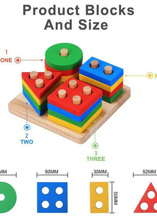 Montessori Wooden Shape Sorting Puzzle – 4-Stack Geometric Toddler Toy 12–36 Months – Water-Based Paint