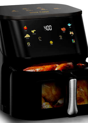Silver Crest 8L Air Fryer – Smart Visual Window, 6 Cooking Presets, LED Touchscreen, Oil-Free Frying, Energy Efficient, Black