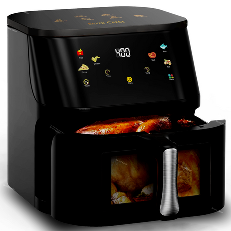 Silver Crest 8L Air Fryer – Smart Visual Window, 6 Cooking Presets, LED Touchscreen, Oil-Free Frying, Energy Efficient, Black