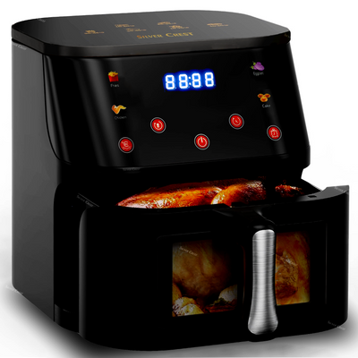 Silver Crest 8L Air Fryer – Smart Visual Window, 4 Cooking Presets, LED Touchscreen, Oil-Free Frying, Energy Efficient, Black