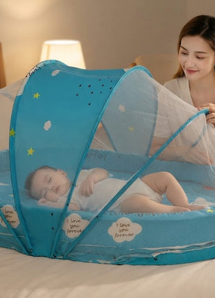 Baby Mosquito‑Net Bed 90 × 55 cm Padded Travel Mattress & Pillow – Cotton/Mesh Blend – Stars