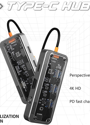 10-in-1 Transparent USB-C Docking Station – PD3.0 100W, HDMI 4K, VGA, Ethernet, USB, SD/TF, Audio
