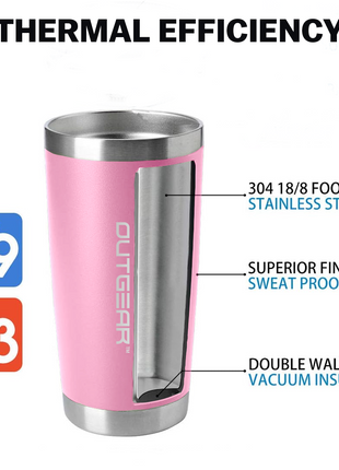 OutGear 600ml Stainless Steel Thermal Travel Mug – Double-Wall Insulated, BPA-Free Sliding Lid, Hot & Cold Retention, Fits Car Cup Holders - Pink