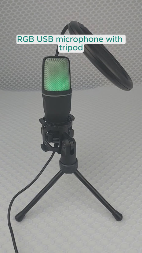 USB Condenser Microphone – 5V Plug & Play – Omnidirectional – Carbon Steel Gooseneck – RGB Lighting – Black