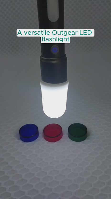 OUTGEAR LED Flashlight 20W Rechargeable – 5+4 Modes, COB Side Light, USB-C Torch with Filters – Grey/Orange