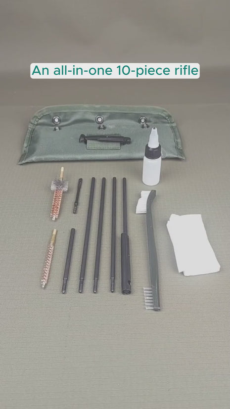 10‑Piece Rifle Cleaning Kit .22/.223/5.56 – Steel Rods, Brass & Nylon Brushes in Green Belt‑Pouch