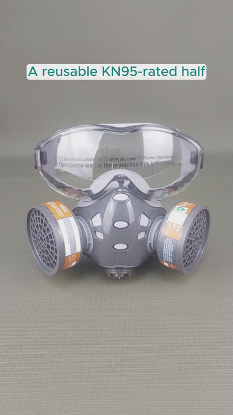 Half Face Respirator Mask with Goggles – KN95 Gas & Dust Protection – TPE Body – Twin Filter – Grey