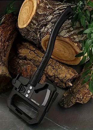 OUTGEAR Survival Axe 375mm – 3Cr13 Steel Hatchet with Hammer, Firestarter, Whistle & Sheath – Black