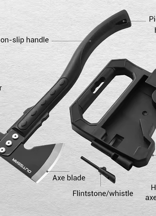 OUTGEAR Survival Axe 375mm – 3Cr13 Steel Hatchet with Hammer, Firestarter, Whistle & Sheath – Black