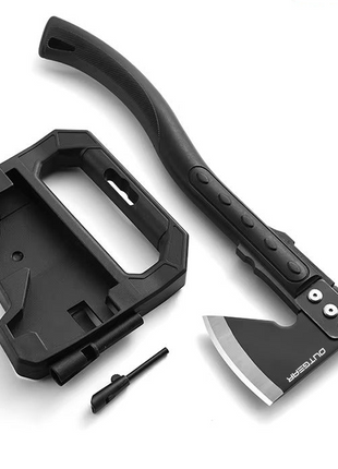 OUTGEAR Survival Axe 375mm – 3Cr13 Steel Hatchet with Hammer, Firestarter, Whistle & Sheath – Black