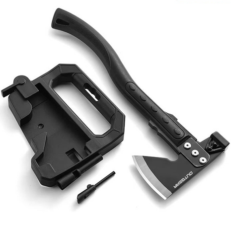 OUTGEAR Survival Axe 375mm – 3Cr13 Steel Hatchet with Hammer, Firestarter, Whistle & Sheath – Black