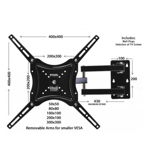 TV Wall Mount Bracket 14–55 inch – Cold Rolled Steel – Tilt & Swivel Arm – 40kg Capacity – VESA 100x100 to 400x400 – Black
