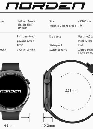 Norden Aspire Smart Watch SI-19, 1.43" AMOLED Display, Heart Rate, Oxygen Monitoring, IP68 Waterproof, Bluetooth 5.2, Fitness Tracker with AI Voice Assistant, Music Control, and 7-Day Standby Time - Black