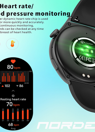 Norden Aspire Smart Watch SI-19, 1.43" AMOLED Display, Heart Rate, Oxygen Monitoring, IP68 Waterproof, Bluetooth 5.2, Fitness Tracker with AI Voice Assistant, Music Control, and 7-Day Standby Time - Black