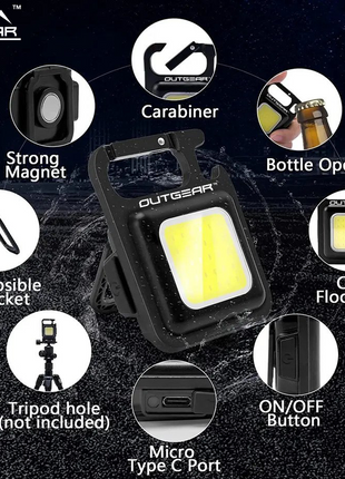 OutGear UtiliBud Keychain COB LED Light – 500 Lumens, USB-C Rechargeable, 4 Light Modes, Magnetic Base, Bottle Opener, Tripod Mountable