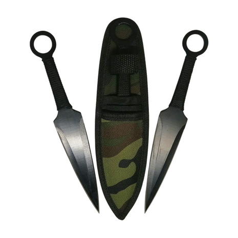 Fixed Blade Throwing Knife Set – Full Stainless Steel, 22.8cm Length, Balanced Design, Camo Sheath Included, Black