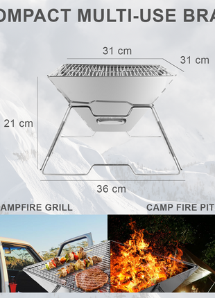 OutGear Foldable Portable Braai & Fire Pit – Stainless Steel, Lightweight BBQ Grill, 31x31cm Cooking Surface, Compact for Camping, Beach, Backyard, Outdoor Cooking – 1.6kg