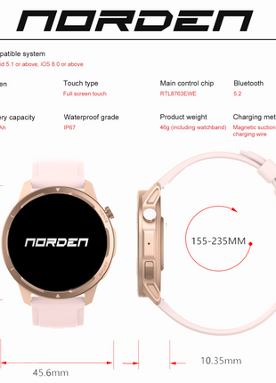 Norden Target Smart Watch with 1.39" HD TFT Full Touch Screen, Realtek 8763EWE Processor, 100+ Sport Modes, Heart Rate &amp; Blood Oxygen Monitor, IP68 Waterproof, BT5.2, 7-Day Standby, Magnetic Charging, Compatible with Da Fit App - Pink