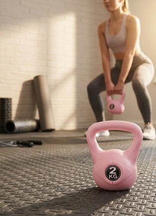 Vinyl Coated Cement Filled Kettlebell Weight 2kg to 16kg Home Gym Strength Training - 2kg pink