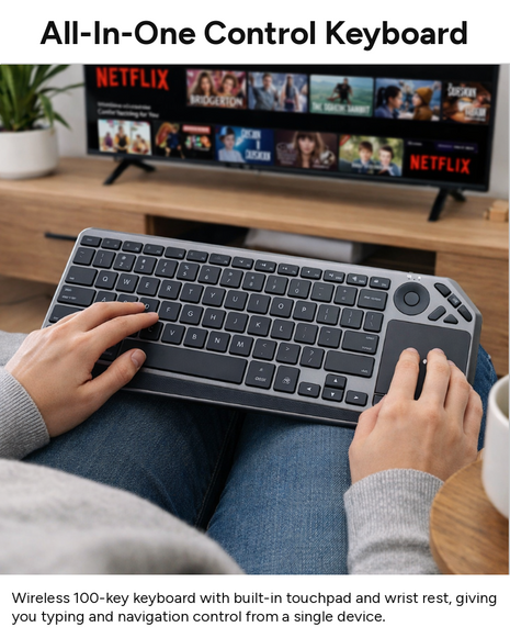 100-Key Wireless Tri-Mode Backlit Keyboard with Touchpad, USB-C Rechargeable 1000 mAh Battery, Multi-Device Switching, Wrist Rest, iOS Android Windows Support